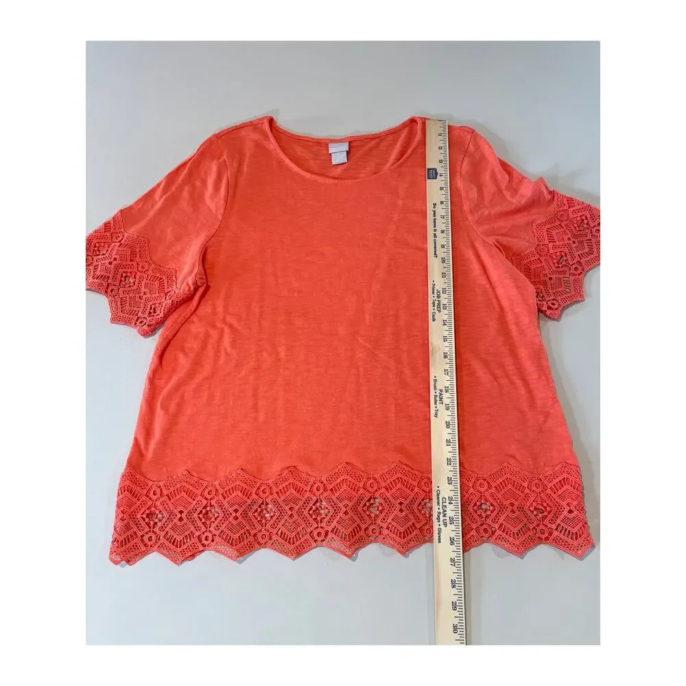Chico’s Top Orange Coral Lace Trim Short Sleeve Boho Casual Size 3 XL